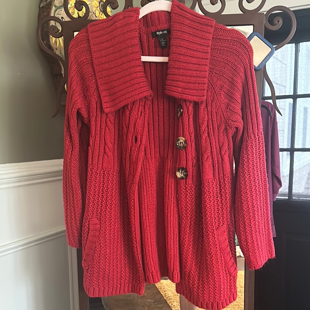 Style & Co Red Cable Knit Cardigan with Ribbed Collar